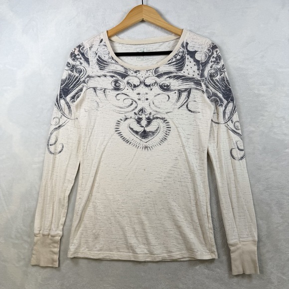 Free People Tops - Vintage Free People Burn Out Long Sleeve Tattoo, Crown Birds, Medium Cream Color